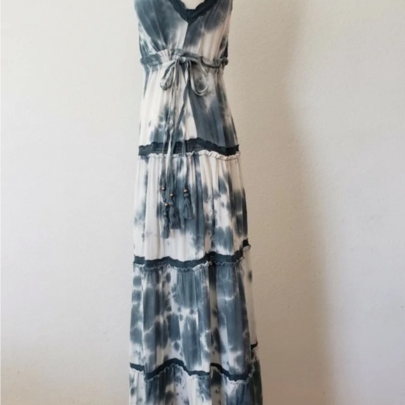 Anthropologie Maxi Dress New Size Tie Dye Blue Tiered Drawstring Boho - Picture 4 of 6